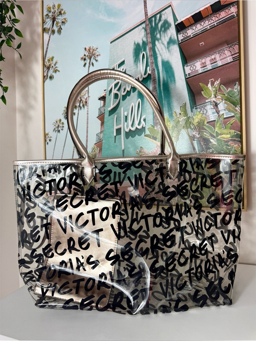 Victoria's Secret Clear PVC Graffiti Tote Bag Rose Gold Handles With Pouch